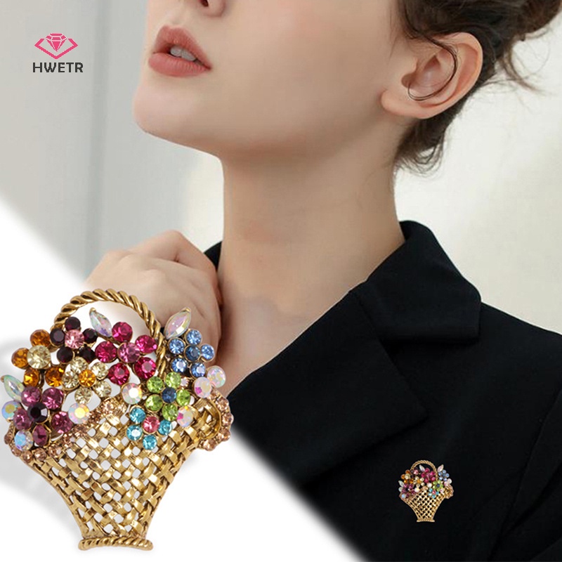 Hwetr rhinestone giỏ hoa trâm cài cổ điển trâm cài đầy màu sắc thời trang trang sức áo khoác phụ kiện quà tặng mới