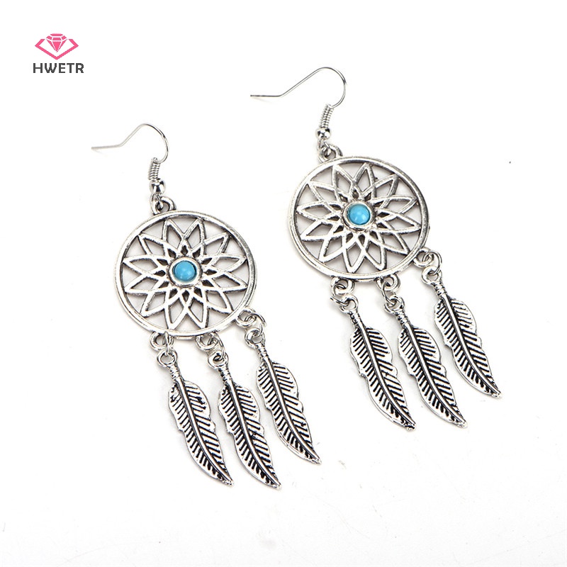 Hwetr bohemian dreamcatcher lá lông vũ mặt dây chuyền vòng cổ bông tai bộ trang sức mới