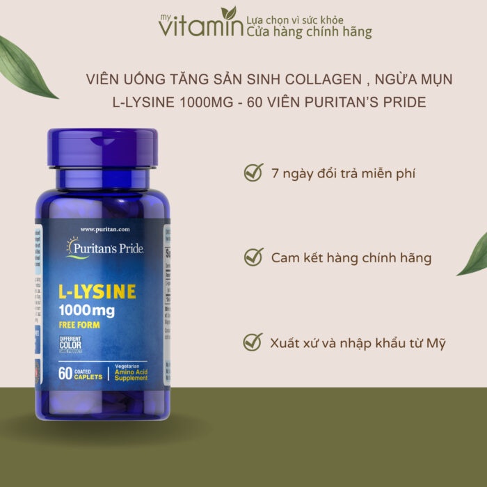 Viên Uống Tăng Sản Sinh Collagen, Ngừa Mụn Rộp L-Lysine1000 mg 60 viên Puritan's Pride
