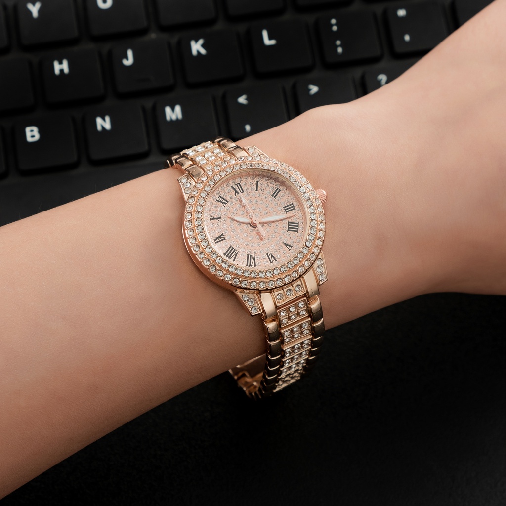 Đồng Hồ Quartz Nữ Mặt Số La Mã Đính Hột Xoàn Dây Thép