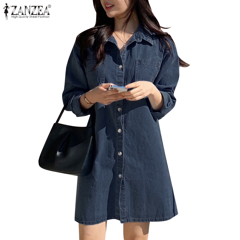Đầm denim ZANZEA cổ lật dài tay phong cách Hàn Quốc dành cho nữ