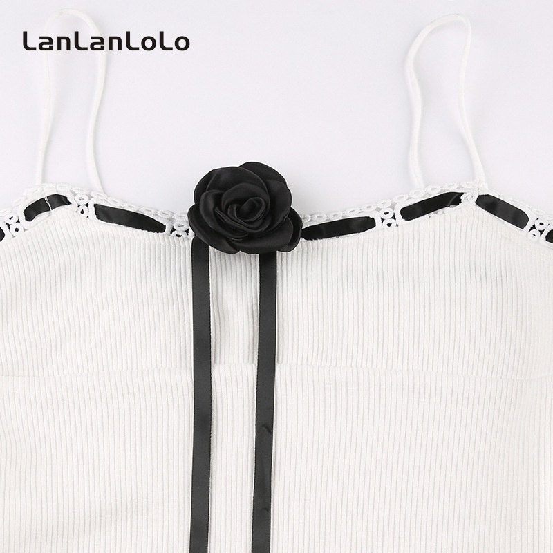 Đầm 2 dây LANLANLOLO viền ren đính hoa hở lưng phối màu tương phản gợi cảm ngọt ngào 2023 cho nữ