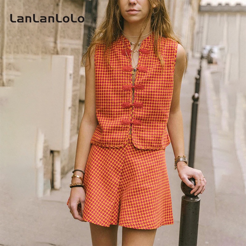 Lanlanlolo women 2023 sweet plaid cổ tròn không tay cardigan thời trang bộ quần short thường ngày