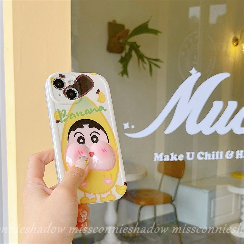 Vui nhộn cá sấu chuối đội đầu phim hoạt hình dễ thương bút chì màu shin-chan vỏ điện thoại tương thích cho iphone xr 12 13 11 14 pro max 6s 7 6 8 plus x xs max se 3d decompression glossy soft cover