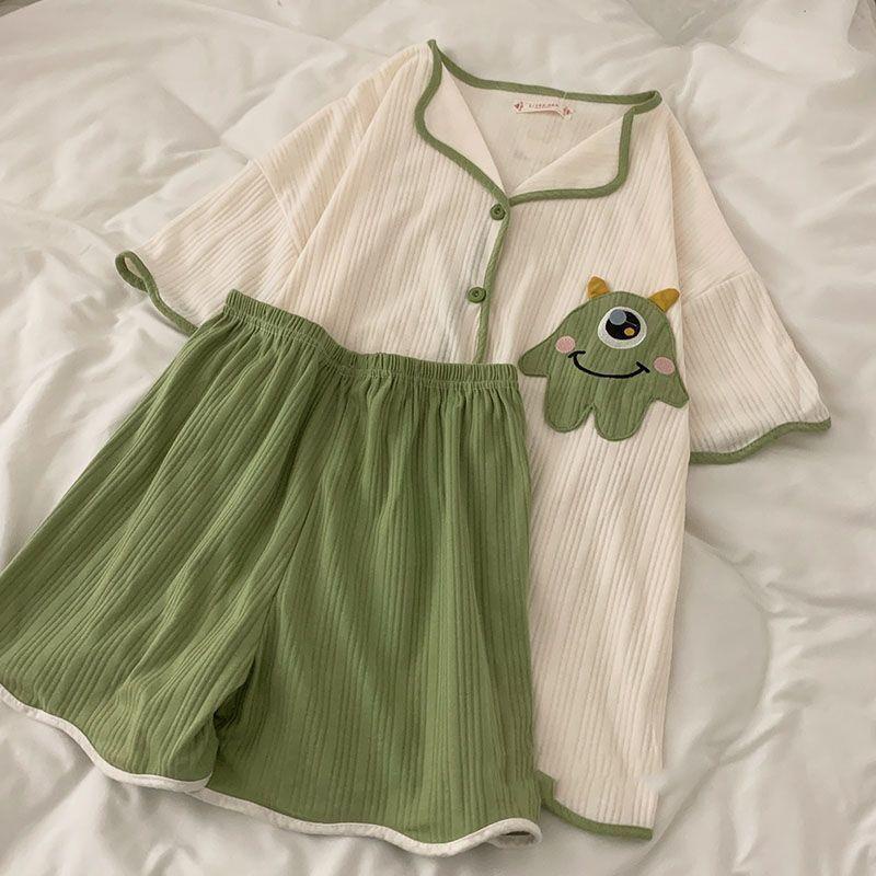 Cartoon women sleepwear pjs 2pcs short sleeve top + shorts pyjamas set loose casual pyjamas homewear