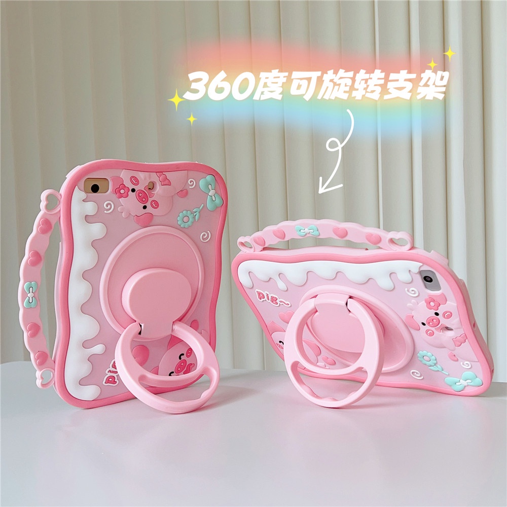 360 stand lanyard case cho ipad mini 1 2 3 4 5 6 pro air 9.7 "10.2" 10.5 "10.9" 11 "4th/5th/6th/7th/8th/9th/10th gen 2017/18/19 2020/21/22 cute girl kids handle Silicone màu hồng bìa