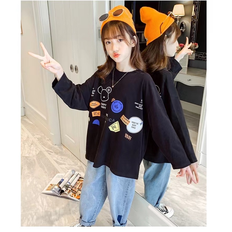 Mới 100% cotton trẻ em áo thun dài tay trẻ em oversize girls tee