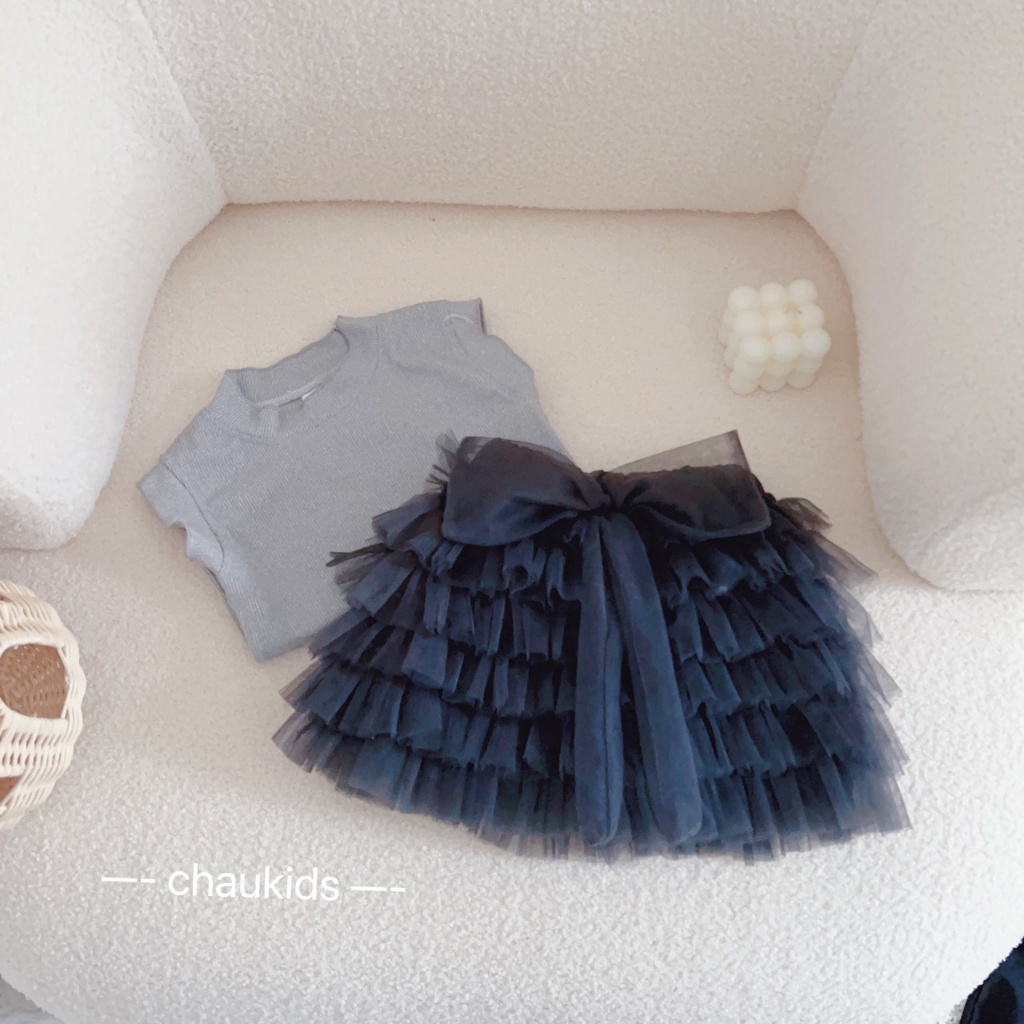 SET ÁO SÁT NÁCH TĂM PHỐI CHÂN VÁY TẦNG ĐÍNH NƠ CHO BÉ GÁI SIZE 8-18KG