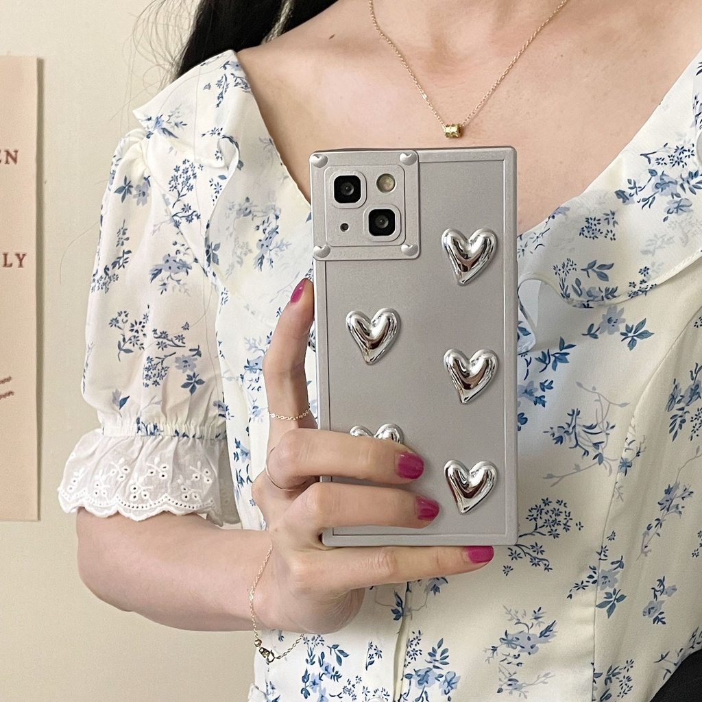 Ốp Điện Thoại Hình Vuông Mạ Họa Tiết Trái Tim Cho Iphone 13 14Pro max 12 / 11