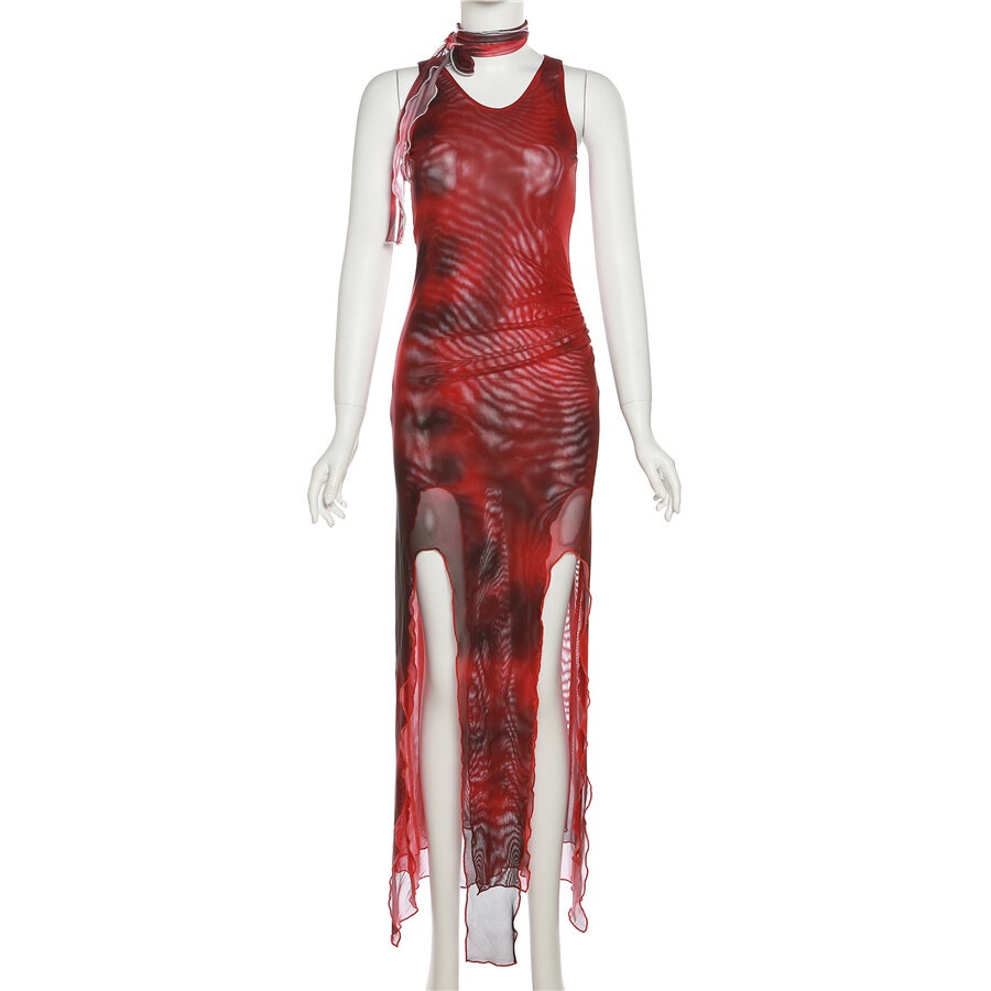 Klalien Hot Đầm Maxi Sát Nách Nhuộm Màu Thanh Lịch Cao Cấp Xẻ Tà Phong Cách Retro Đường Phố Cho Nữ