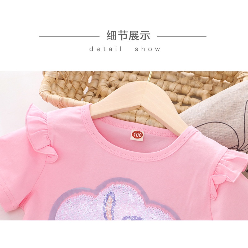 Áo Thun Cotton Mềm Mại In Hình Công Chúa Elsa Đính Kim Sa Đổi Màu Thời Trang Mùa Hè Cho Bé Gái