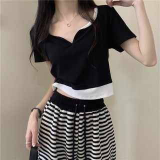 SUXI Áo Thun Ngắn Tay Cổ V Lưng Cao Thời Trang Mùa Hè Cho Nữ
