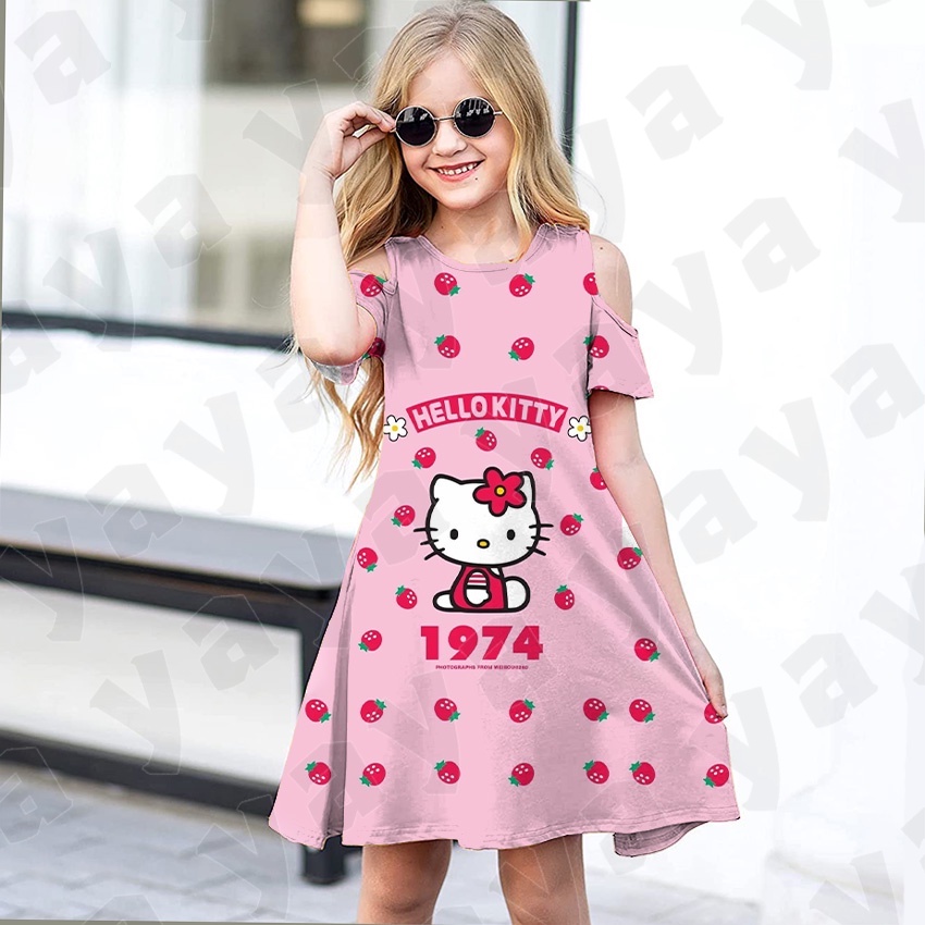 Đầm Ngắn Tay In Họa Tiết Hello Kitty Đáng Yêu Cho Bé Gái