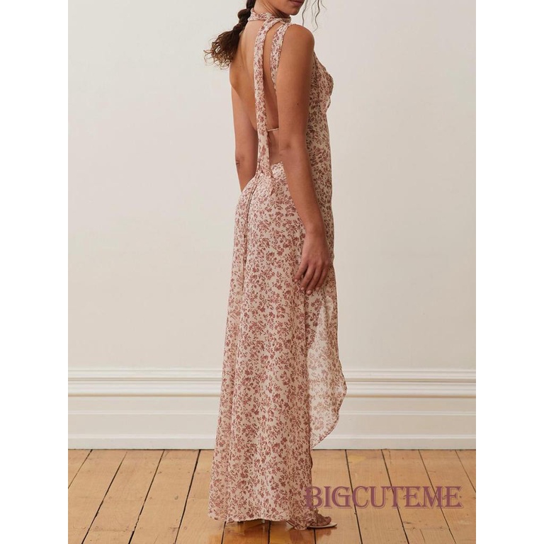 Đầm Dài Không Tay Hở Lưng Họa Tiết Hoa Thời Trang Mùa Hè Cho Nữ