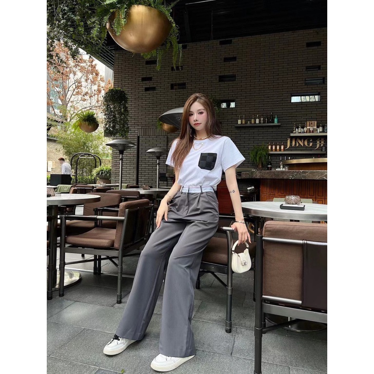 Alexander Wang 2023 spring and summer fashion letter ribbon belt straight tube wide leg all-match casual loose suit trousers