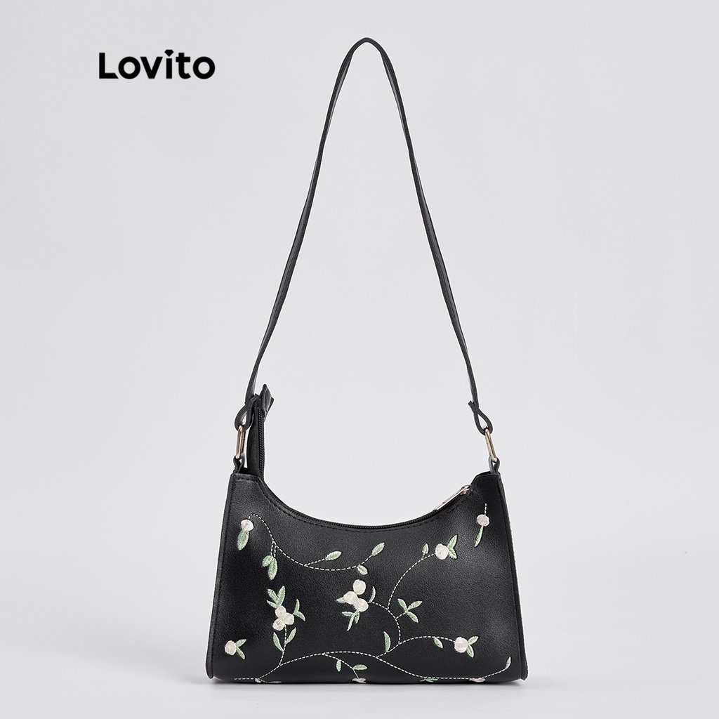 Túi đeo vai LOVITO nhỏ thêu hoa thanh lịch cho nữ L48BA026 (kaki/ trắng/ hồng/ xanh lá/ đen)
