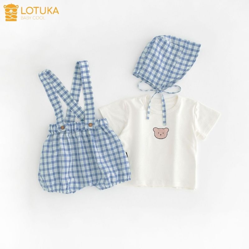 Set Bộ Quần Áo Yếm LOTUKA, Chất Thô Hàn Kèm Mũ Cho Bé, Mẫu Quần Áo Trẻ Em Mùa Hè Size 4-18kg