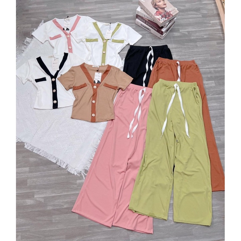 Set Bộ Áo Croptop Viền Khuy Đính Cổ V + Quần Ống Xuông alohashop91