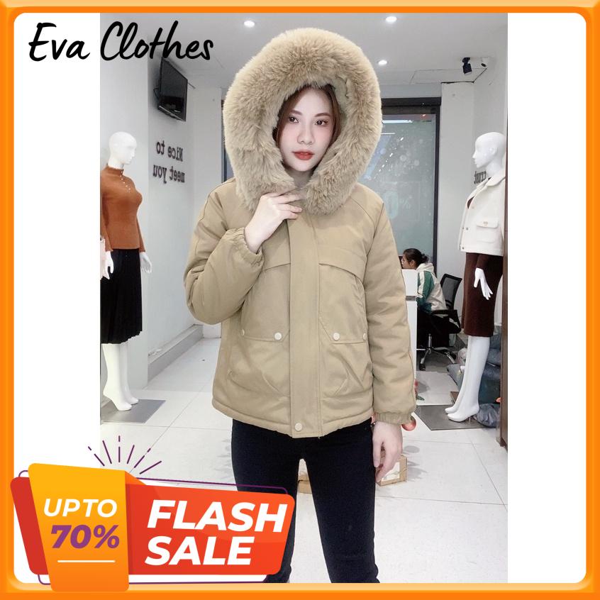 Áo khoác nữ Parka Kaki dáng ngắn siêu ấm đại hàn lót lông lông mũ tháo rời tiện lợi thiết kế Eva Clothes 819N 02