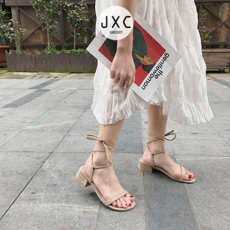 JINxCHOY Giày sandal mũi tròn phối dây thắt thời trang dành cho nữ JINXCHOY