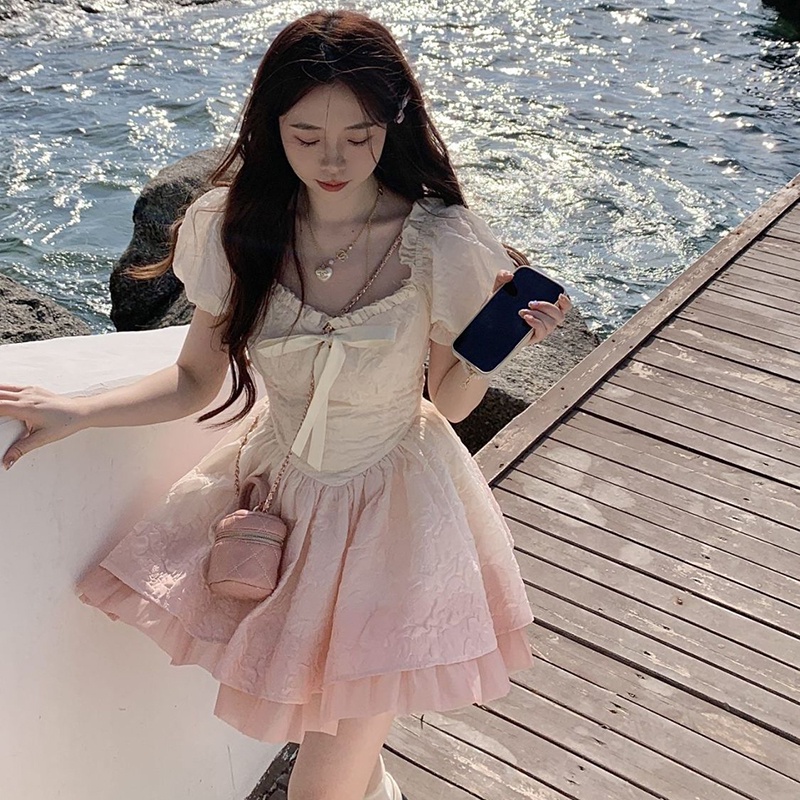 IELGY    Đầm Ngắn Chiết Eo Màu Hồng gradient Trắng Và Ngọt Ngào Phong Cách Hàn Quốc Cho Nữ