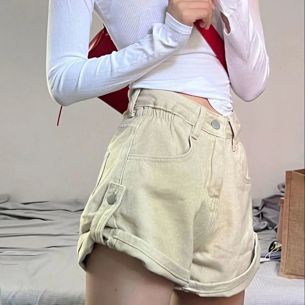 Quần Short Kaki Ống Rộng Lưng Cao Thời Trang Mùa Hè Cho Nữ