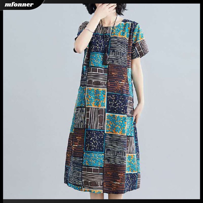 Đầm Midi Tay Ngắn Dáng Rộng Cổ Tròn Plus Size Thời Trang Mùa Hè Cho Nữ