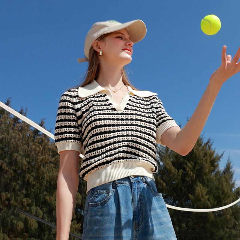 Áo Croptop Dệt Kim Tay Ngắn Cổ Bẻ Họa Tiết Kẻ Sọc Màu Tương Phản Thời Trang Cho Nữ