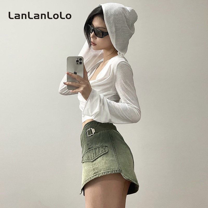 Áo hoodie mỏng LanLanLoLo tay dài màu trơn dáng rộng thời trang 2023 cho nữ