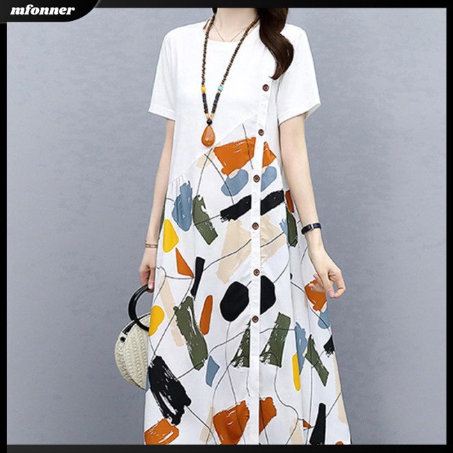 Đầm Dáng Chữ A Tay Ngắn Cổ Tròn Lưng Cao In Họa Tiết Thời Trang Mùa Hè Cho Nữ