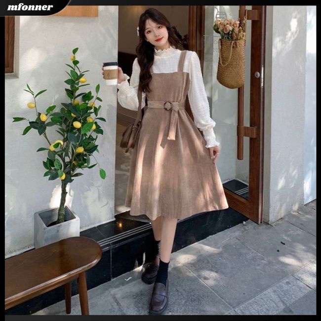 Đầm Tay Dài Giả Hai Lớp Phối Bèo Giả Hai Lớp Kèm Thắt Lưng Thời Trang Cho Gia Đình