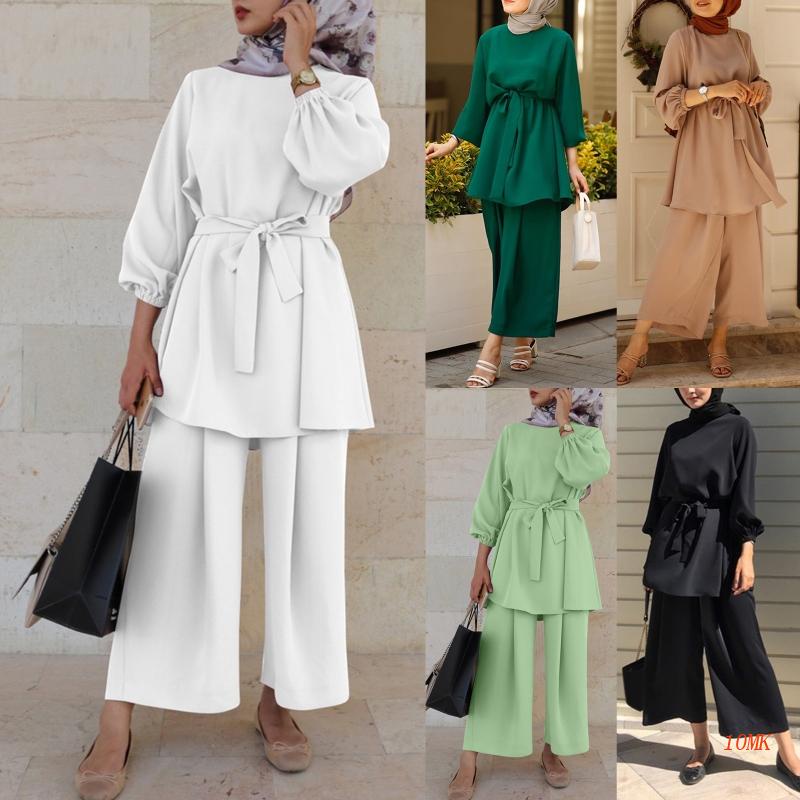 Bộ Trang Phục 2 Mảnh Gồm Áo Tay Dài Và Quần ống rộng Màu Sắc Trơn Cho Phụ Nữ Hồi Giáo