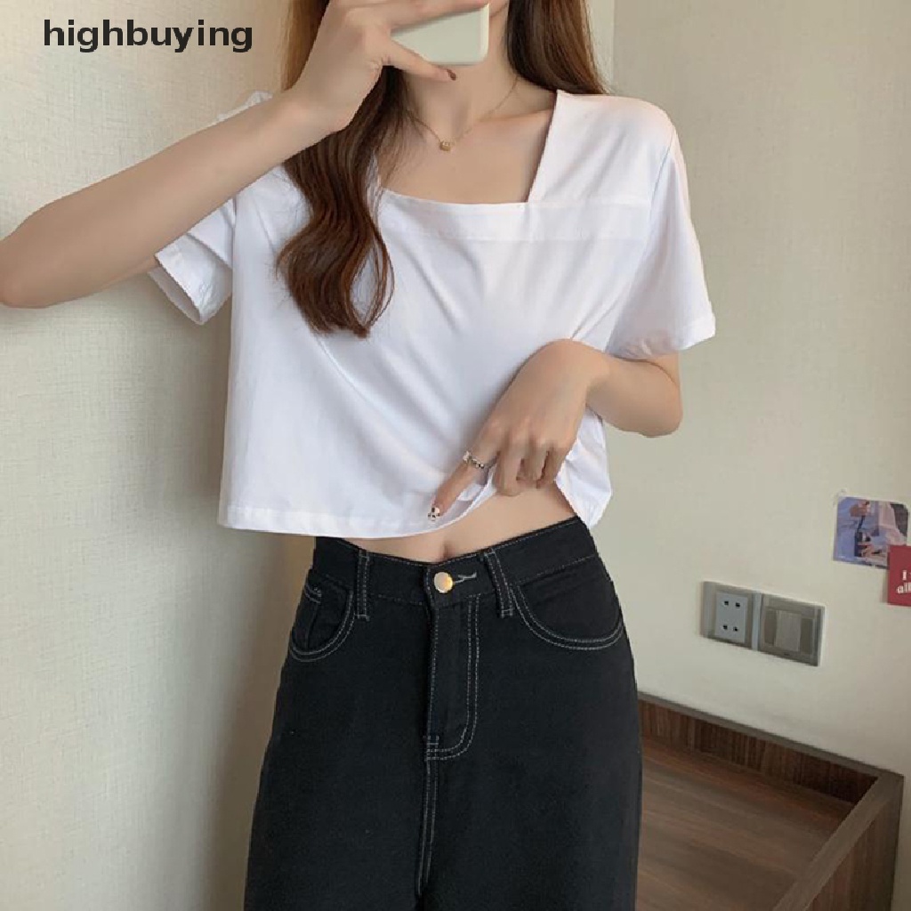 Áo Thun Lửng Cổ Vuông Tay Ngắn Màu Sắc Đơn Giản Cho Nữ