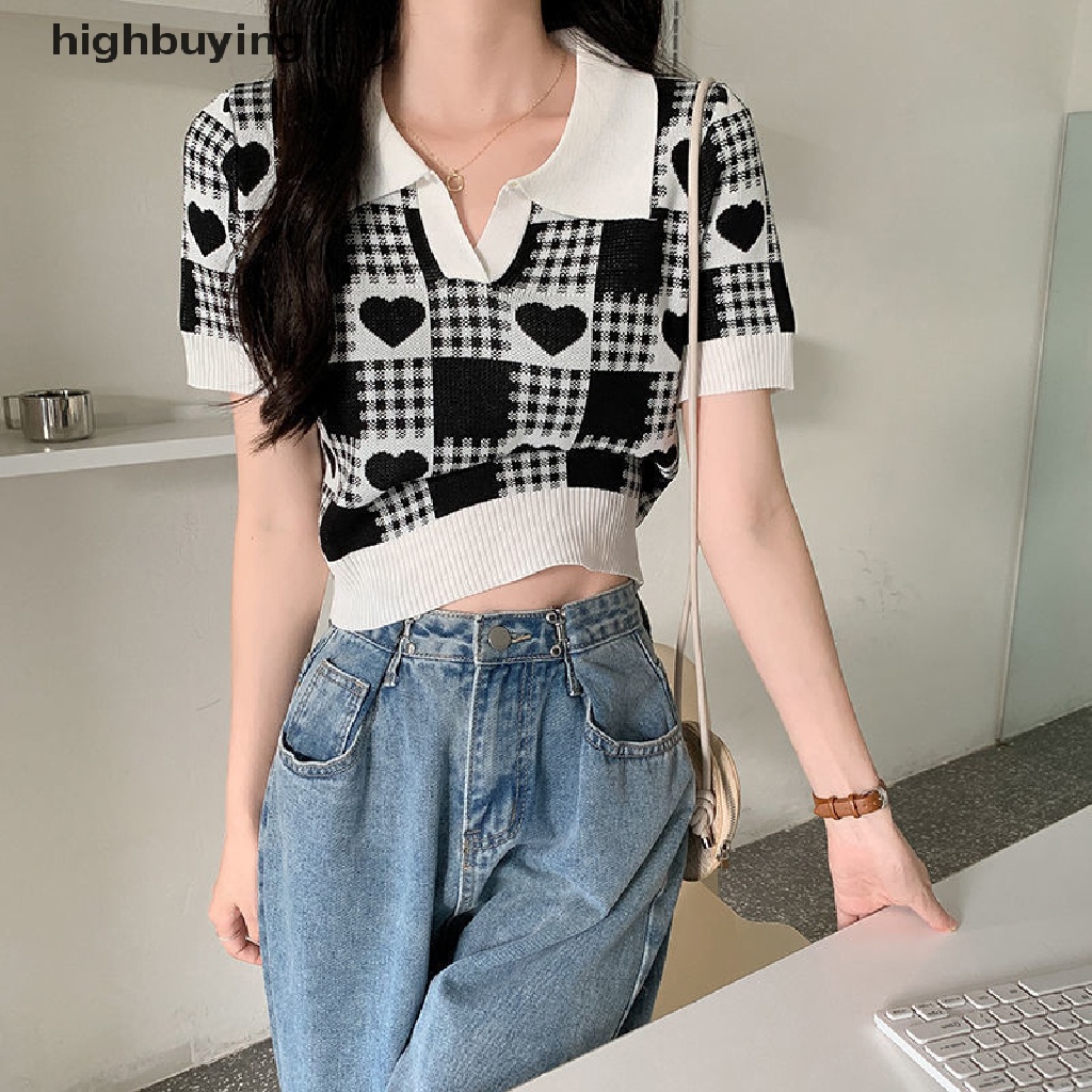 Áo Croptop Dệt Kim Tay Ngắn Cổ Polo Họa Tiết Caro Và Trái Tim Thời Trang Mùa Hè Cho Nữ