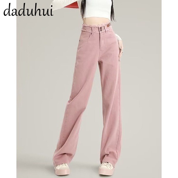 Daduhui 💕 2023 New Korean Version of INS Dirty Pink WOMEN'S Jeans High Waist Loose Wide Leg Pants Niche Trousers