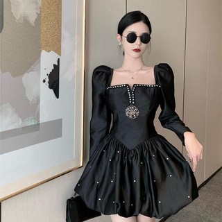 Đầm Tulle Tutu Cổ Vuông Tay Phồng Màu Đen Thời Trang Thu Đông Phong Cách Pháp Cho Nữ