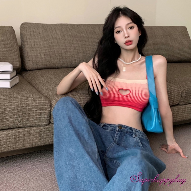 Áo Tank Top Hai Dây Dáng Ôm Hở Rốn Họa Tiết Trái Tim Thời Trang Cho Nữ