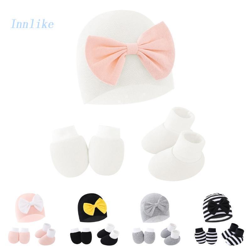 Bộ Phụ Kiện Chụp Ảnh Gồm Mũ Beanie Và Găng Tay Đính Nơ Thời Trang Cho Bé Sơ Sinh