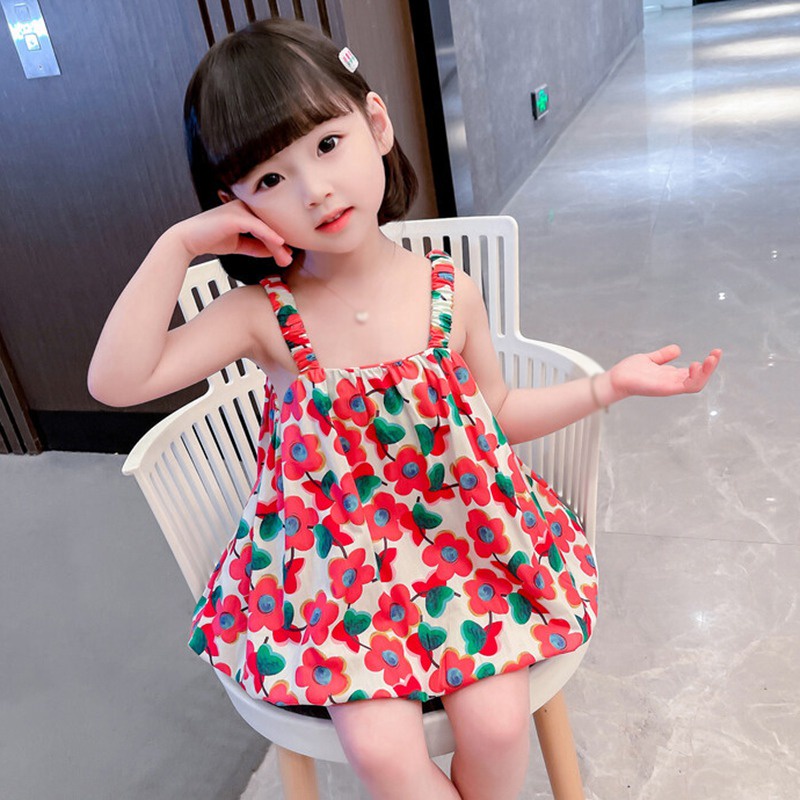 Đầm Hai Dây Họa Tiết Hoa Phong Cách Hàn Quốc Thời Trang Mùa Hè Cho Bé Gái