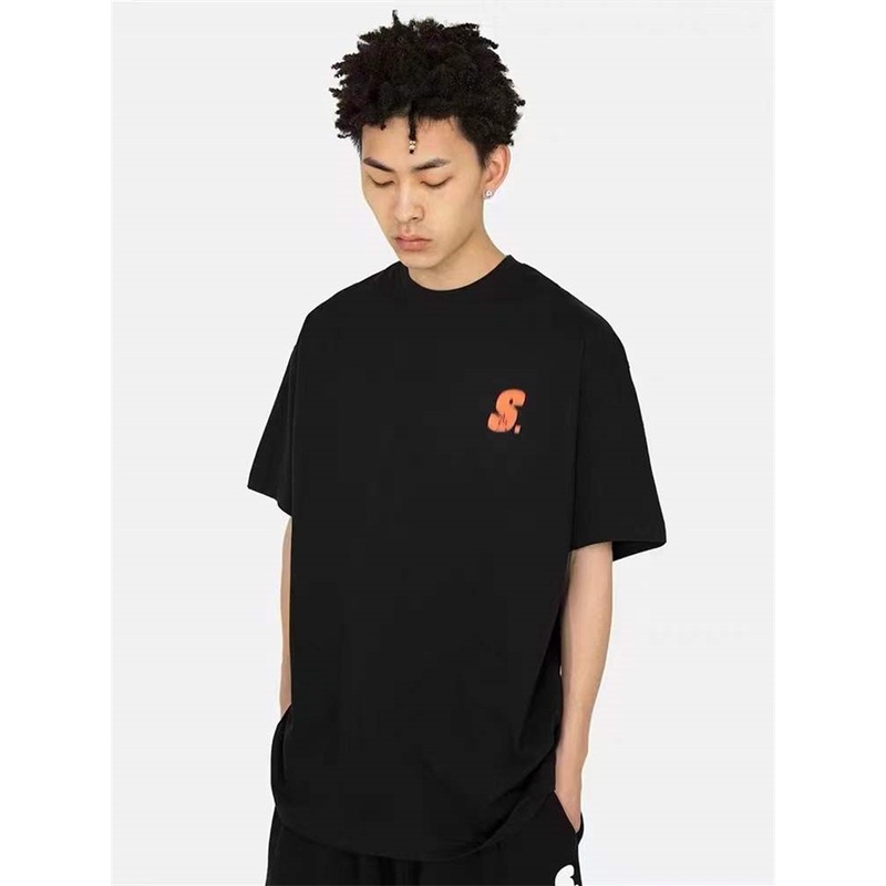 Sta &amp; Phantom Áo Thun Cotton Tay Ngắn Dáng Rộng Cổ Tròn In Chữ Xù Phong Cách Đường Phố Cao Cấp Cho Nam Và Nữ