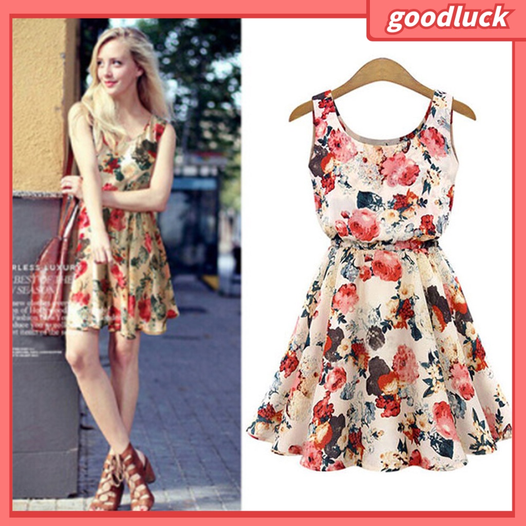 [ULK] Đầm Voan Dáng Chữ A Không Tay Cổ Tròn Họa Tiết Hoa Nhiều Màu Sắc Thời Trang Mùa Hè Đi Biển Dành Cho Nữ