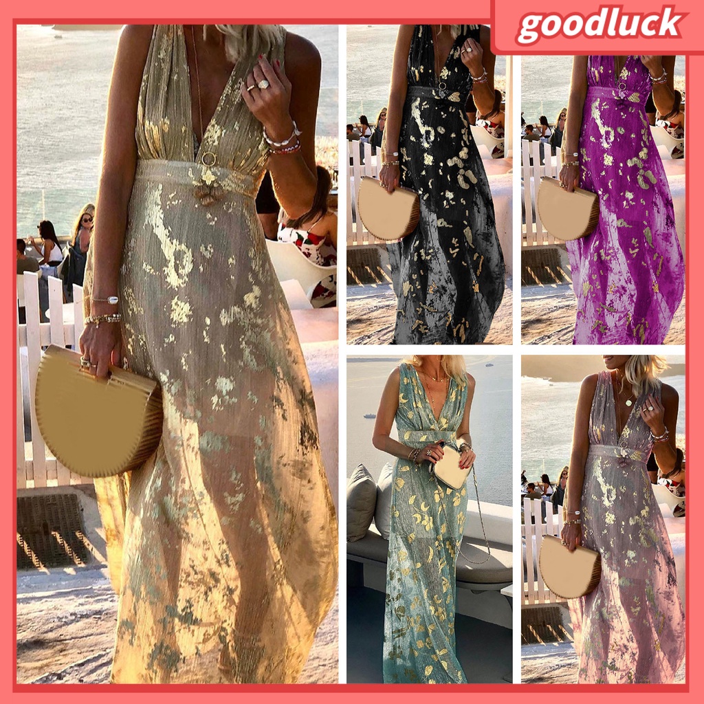 [GUC] Đầm Dài Dáng Ôm Không Tay Cổ Chữ V Khoét Sâu Màu Đồng Thanh Lịch Quyến Rũ Cho Nữ