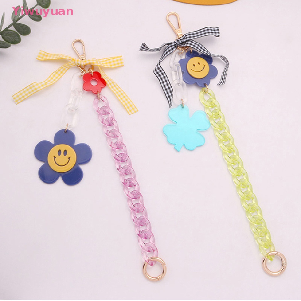 < Yiwuyuan > Móc Khóa Hình Hoa Hướng Dương Mặt Cười Bằng Acrylic Có Dây Ruy Băng Thắt Nơ Kẻ Sọc