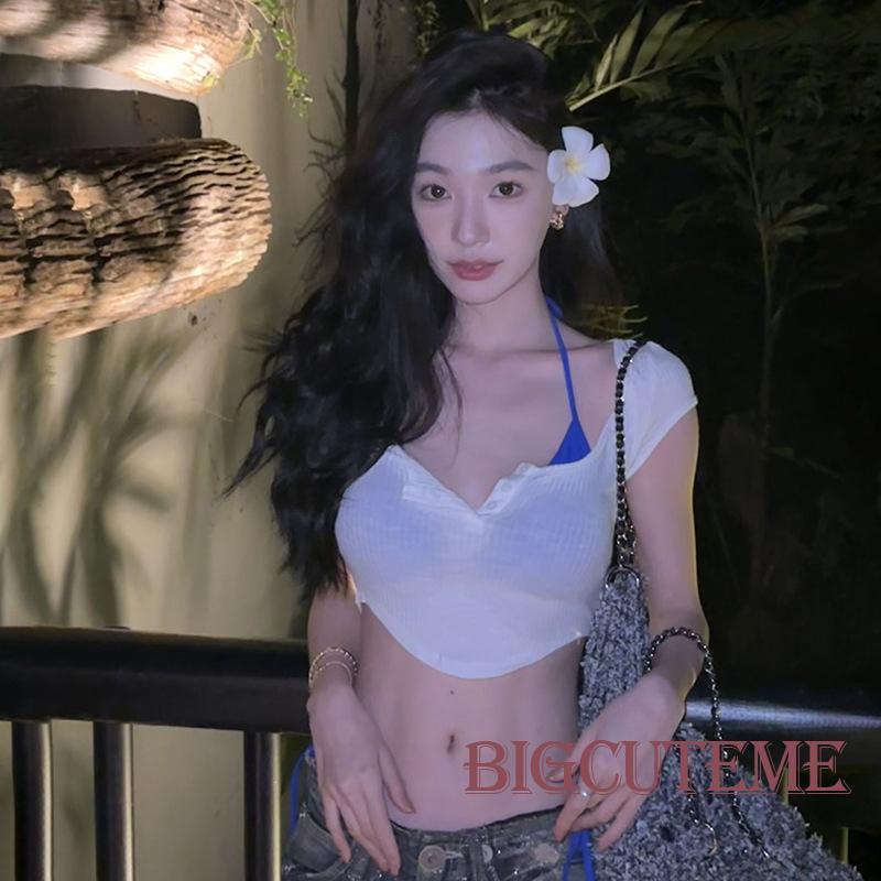 Bộ Trang Phục 2 Mảnh Gồm Áo Bra + Áo Croptop Cổ Vuông Tay Ngắn Và Quần Short Thời Trang Cho Nữ