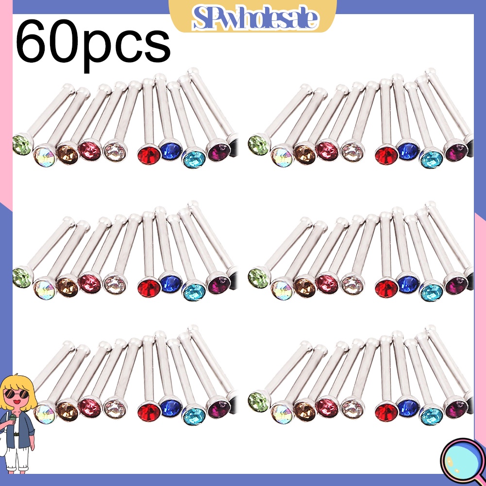 <SPwholesale> Set 60 Khuyên Mũi Thép Không Gỉ Đính Đá Nhiều Màu Sắc