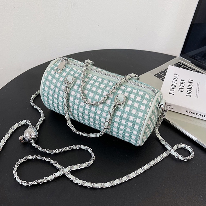 Túi Xách Đeo Vai Vải Bạt Hình Trụ Khóa Kéo Kẻ Sọc Caro Ngọt Ngào Cho Nữ