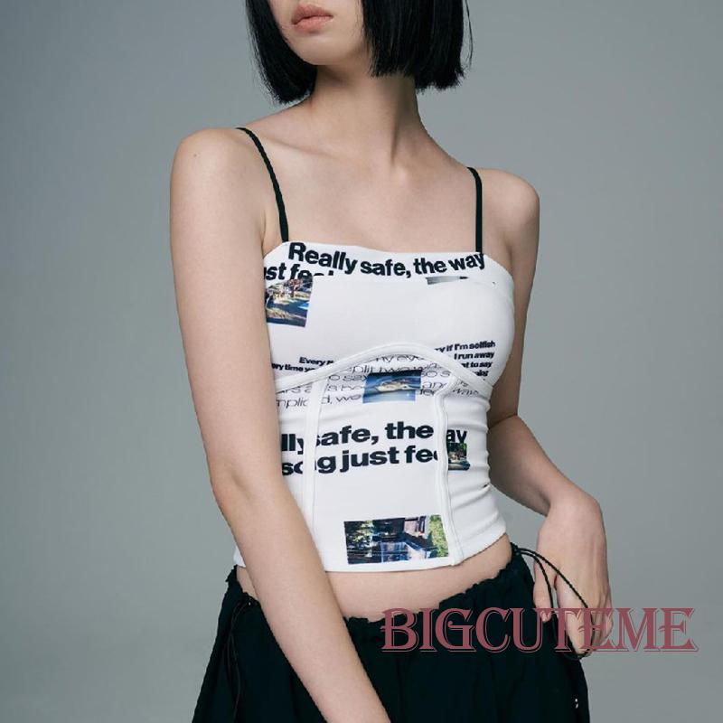 Áo Hai Dây Cổ Vuông In Họa Tiết Chữ Thời Trang Cho Nữ