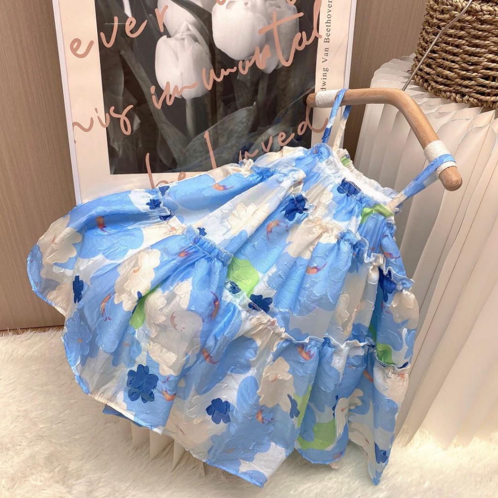 Đầm Công Chúa Hai Dây In Hoa Thời Trang Mùa Hè 2023 Cho Bé Gái