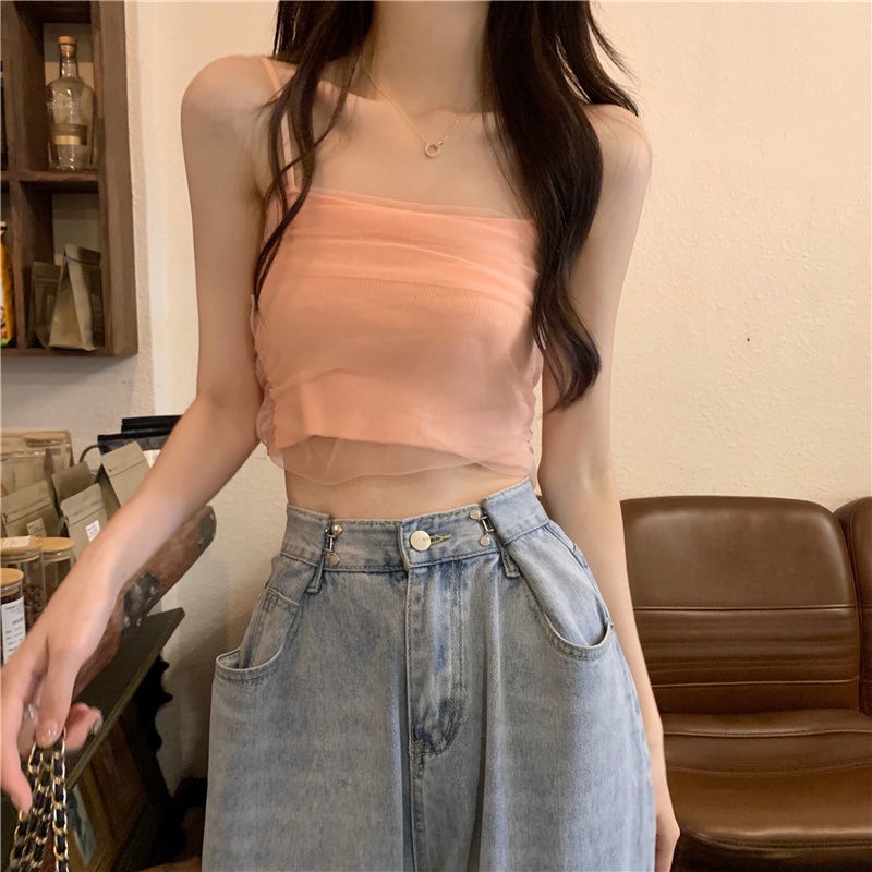 Áo Hai Dây Mùa Hè Dáng Ngắn Màu Hồng Gợi Cảm Hợp Thời Trang Cho Nữ