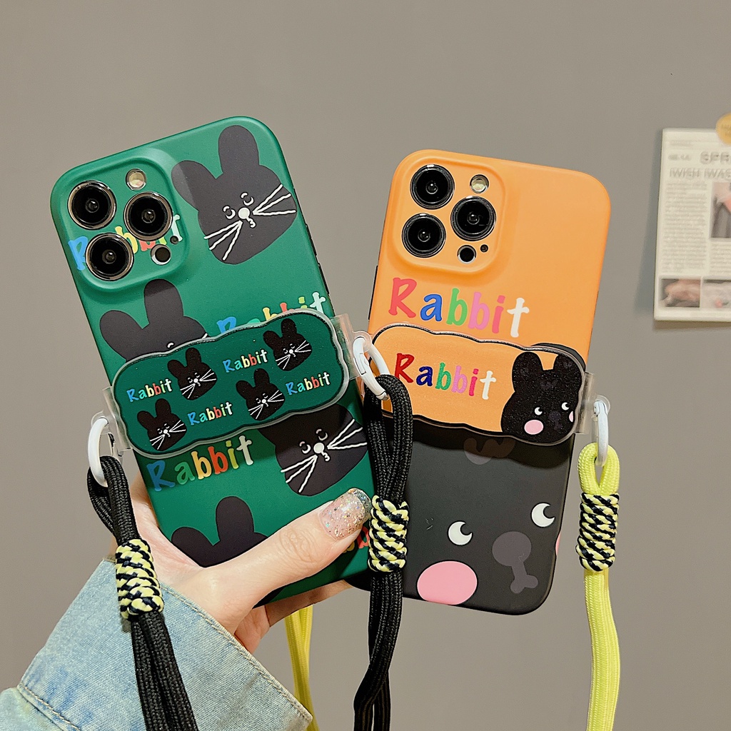 Ốp Điện Thoại TPU Dẻo Họa Tiết Chú Thỏ Đen Kèm Kẹp Chống Rơi Cho iphone 12 14 13 11 Pro Max